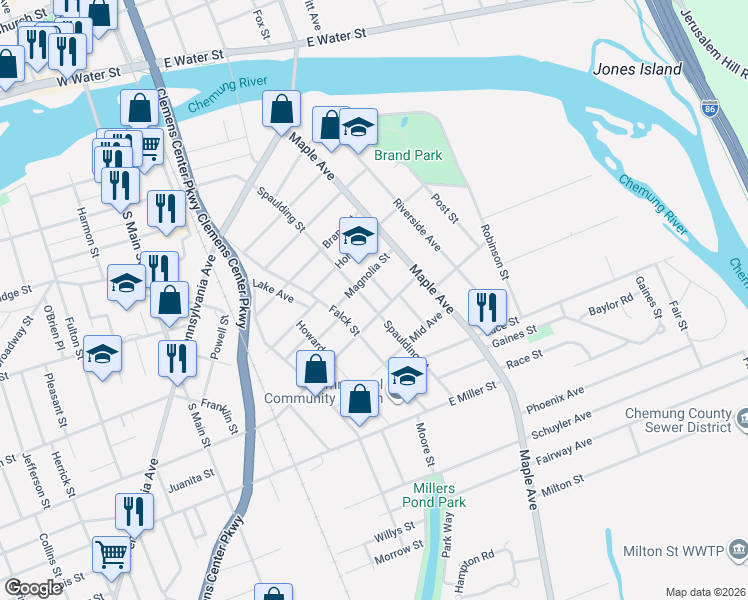 map of restaurants, bars, coffee shops, grocery stores, and more near 309 Home Street in Elmira