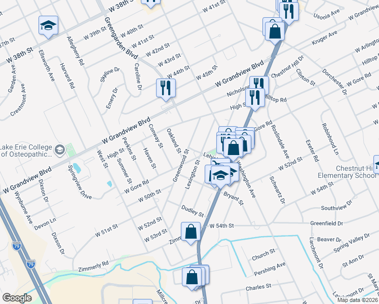map of restaurants, bars, coffee shops, grocery stores, and more near 4817 Greenwood Street in Erie