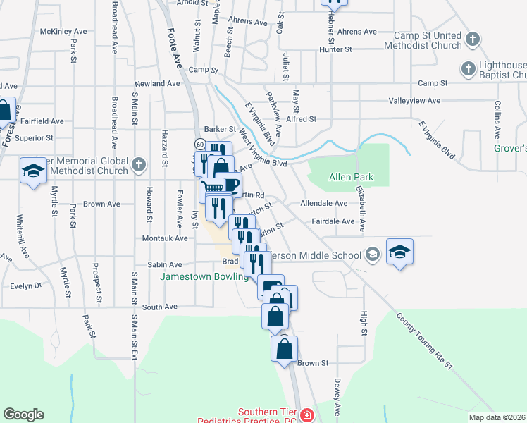 map of restaurants, bars, coffee shops, grocery stores, and more near 50 Elam Avenue in Jamestown