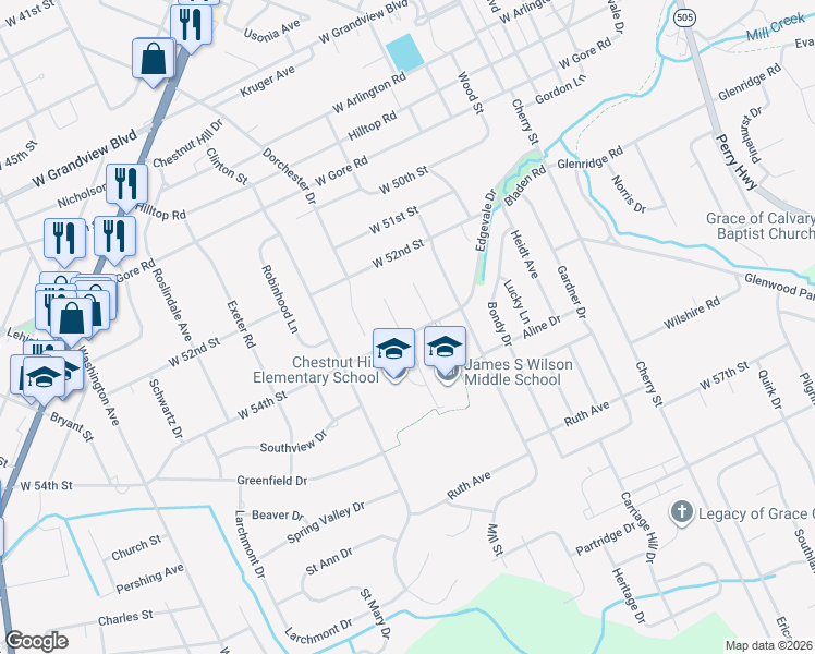 map of restaurants, bars, coffee shops, grocery stores, and more near 5302 Castlewood Court in Erie