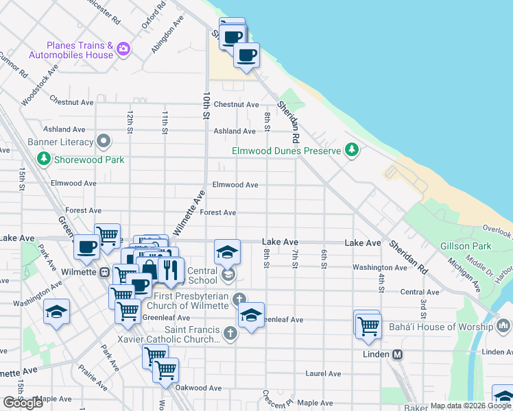 map of restaurants, bars, coffee shops, grocery stores, and more near 731 Elmwood Avenue in Wilmette