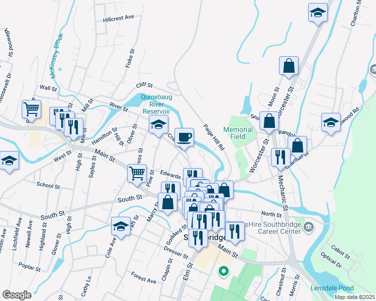 map of restaurants, bars, coffee shops, grocery stores, and more near 12 Crane Street in Southbridge