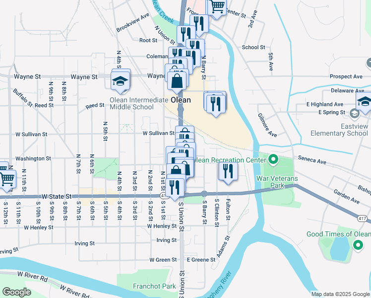 map of restaurants, bars, coffee shops, grocery stores, and more near 260 North Union Street in Olean