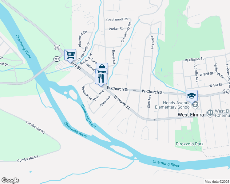 map of restaurants, bars, coffee shops, grocery stores, and more near 1720 West Church Street in Elmira