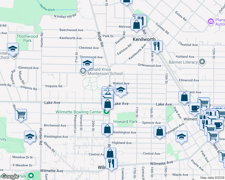 map of restaurants, bars, coffee shops, grocery stores, and more near 1817 Walnut Avenue in Wilmette
