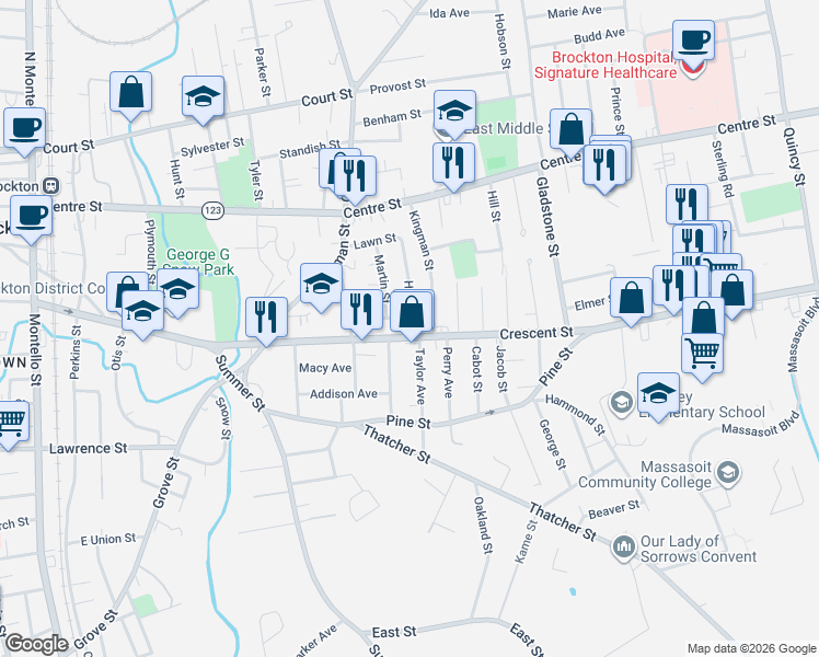 map of restaurants, bars, coffee shops, grocery stores, and more near 44 Moulton Street in Brockton