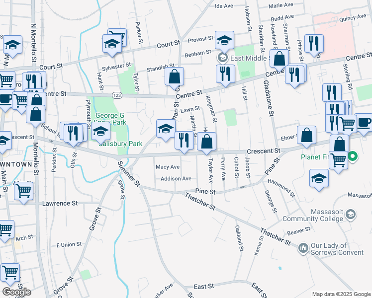 map of restaurants, bars, coffee shops, grocery stores, and more near 18 Moulton Street in Brockton
