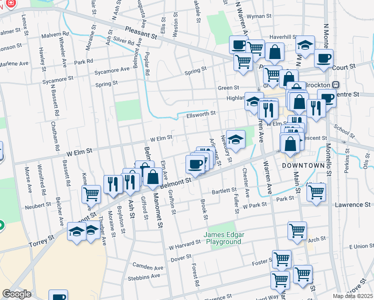 map of restaurants, bars, coffee shops, grocery stores, and more near 11 Brett Street in Brockton