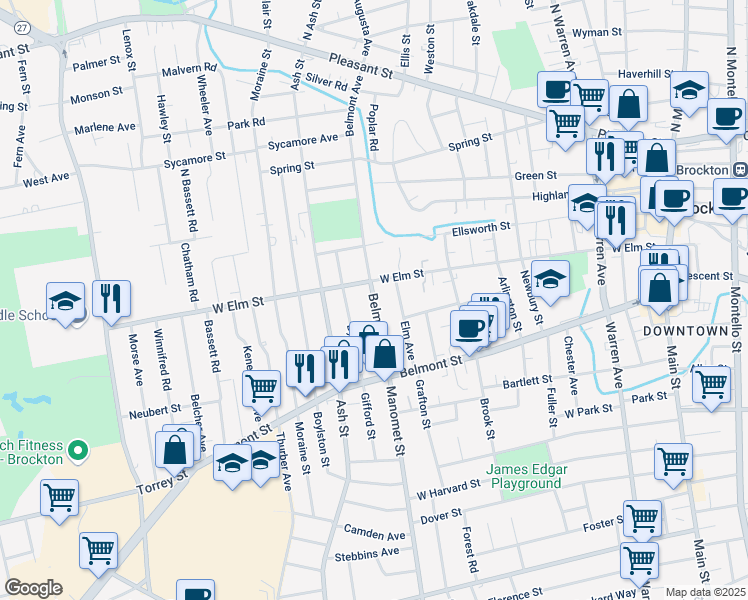 map of restaurants, bars, coffee shops, grocery stores, and more near 306 West Elm Street in Brockton