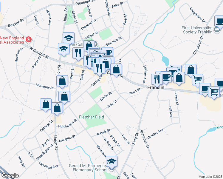map of restaurants, bars, coffee shops, grocery stores, and more near 31 Summer Street in Franklin
