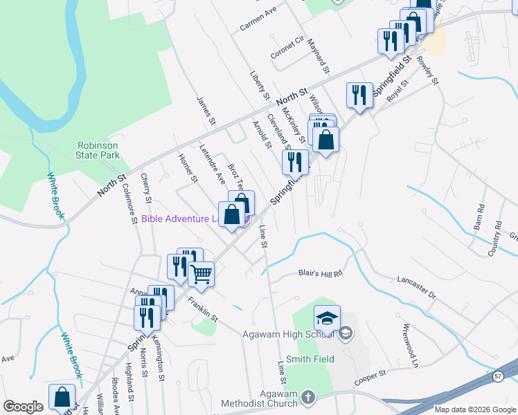 map of restaurants, bars, coffee shops, grocery stores, and more near 23 Norman Terrace in Agawam