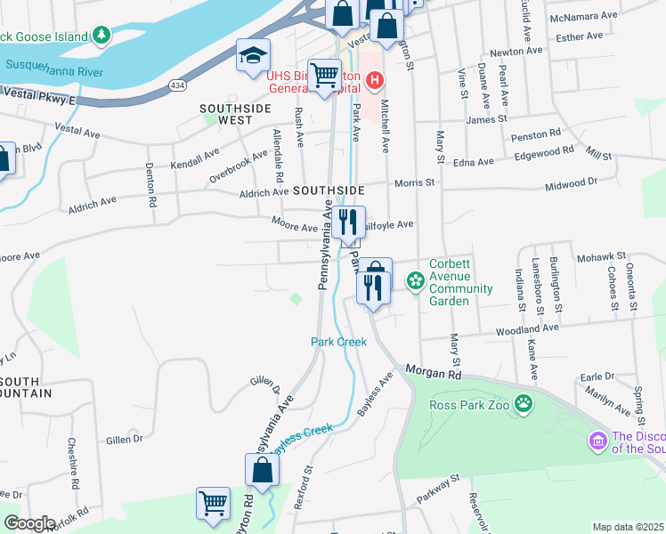 map of restaurants, bars, coffee shops, grocery stores, and more near in Binghamton