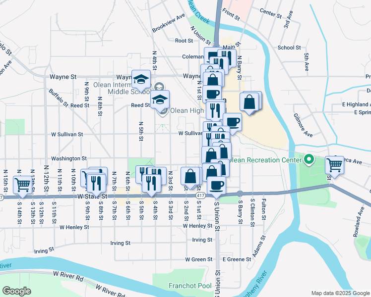 map of restaurants, bars, coffee shops, grocery stores, and more near 230 North 2nd Street in Olean
