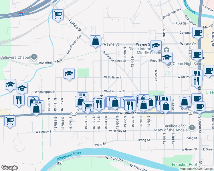 map of restaurants, bars, coffee shops, grocery stores, and more near 217 North 11th Street in Olean