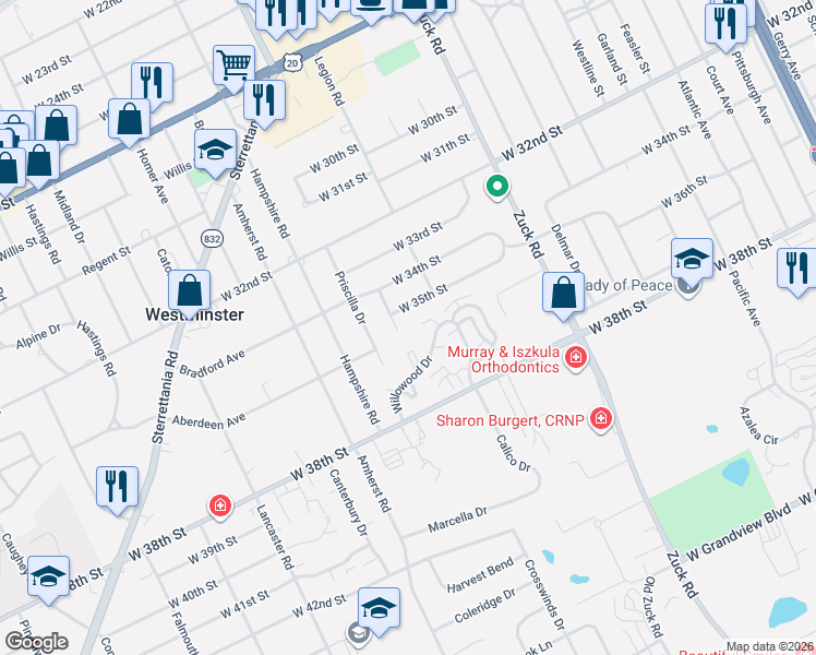 map of restaurants, bars, coffee shops, grocery stores, and more near 2872 West 35th Street in Erie