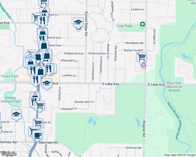 map of restaurants, bars, coffee shops, grocery stores, and more near 1437 Hawthorne Lane in Glenview