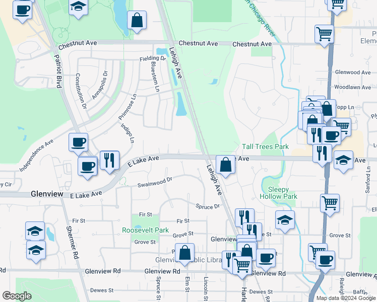 map of restaurants, bars, coffee shops, grocery stores, and more near 1414 Lehigh Avenue in Glenview