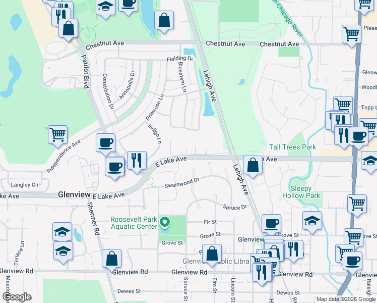 map of restaurants, bars, coffee shops, grocery stores, and more near 2148 Rugen Road in Glenview