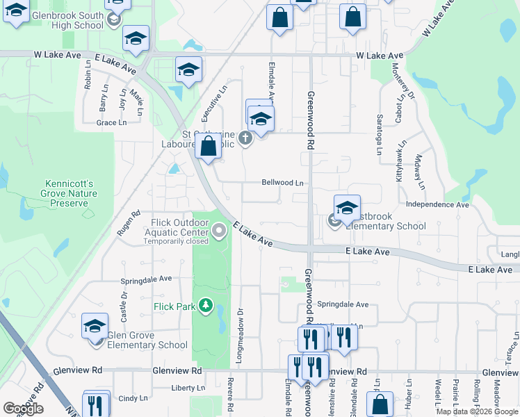 map of restaurants, bars, coffee shops, grocery stores, and more near 3418 Ralmark Lane in Glenview