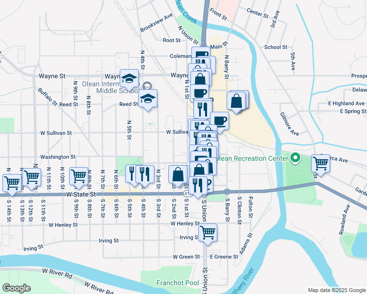 map of restaurants, bars, coffee shops, grocery stores, and more near 217 North 1st Street in Olean