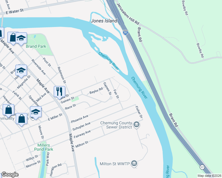 map of restaurants, bars, coffee shops, grocery stores, and more near Fair Street in Elmira