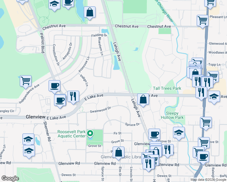 map of restaurants, bars, coffee shops, grocery stores, and more near 2132 Rugen Road in Glenview