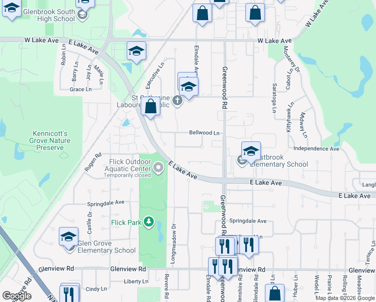 map of restaurants, bars, coffee shops, grocery stores, and more near 3418 Ralmark Lane in Glenview