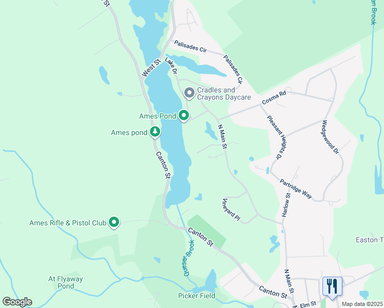 map of restaurants, bars, coffee shops, grocery stores, and more near 11 Elderberry Drive in Easton