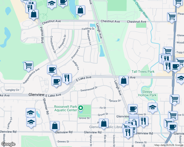 map of restaurants, bars, coffee shops, grocery stores, and more near 2148 Rugen Road in Glenview