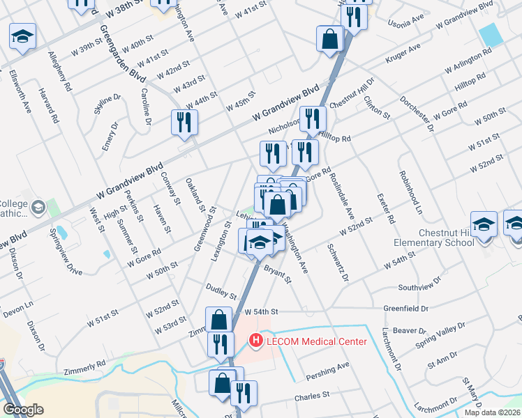 map of restaurants, bars, coffee shops, grocery stores, and more near 1526 West Gore Road in Erie