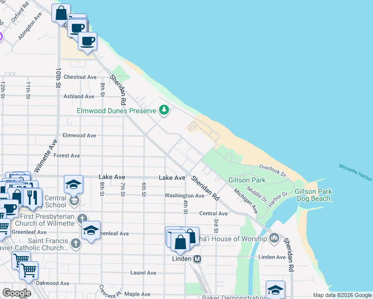 map of restaurants, bars, coffee shops, grocery stores, and more near 929 Michigan Ave in Wilmette