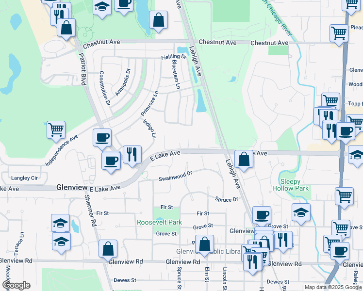 map of restaurants, bars, coffee shops, grocery stores, and more near 2156 Rugen Road in Glenview