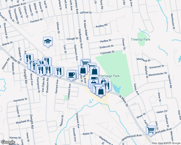 map of restaurants, bars, coffee shops, grocery stores, and more near 19 Anthony Drive in East Longmeadow