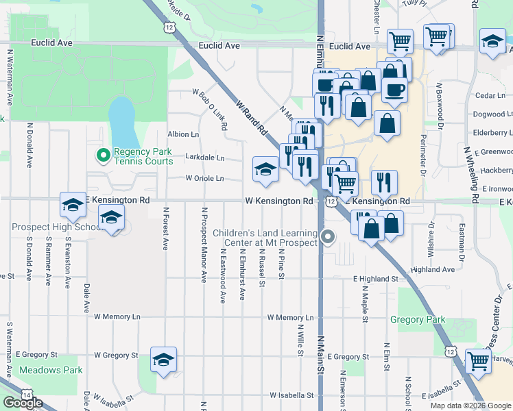 map of restaurants, bars, coffee shops, grocery stores, and more near 300 West Kensington Road in Mount Prospect