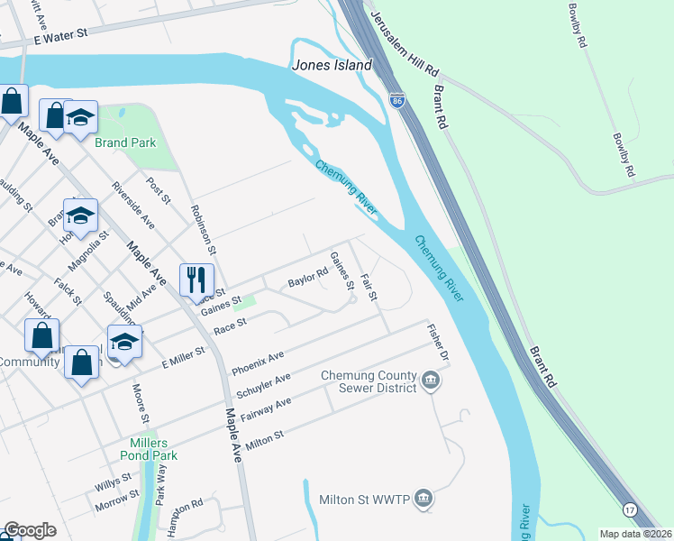 map of restaurants, bars, coffee shops, grocery stores, and more near 534 Luce Street in Elmira
