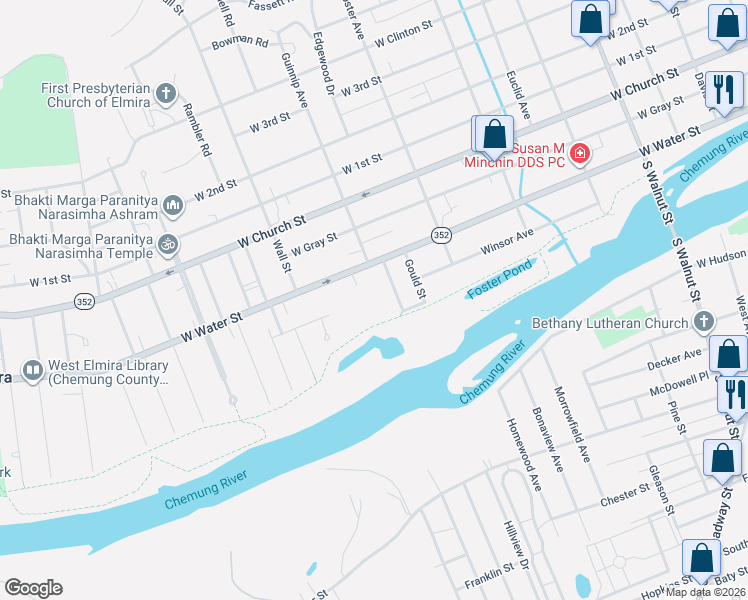 map of restaurants, bars, coffee shops, grocery stores, and more near 107 Guinnip Avenue in Elmira