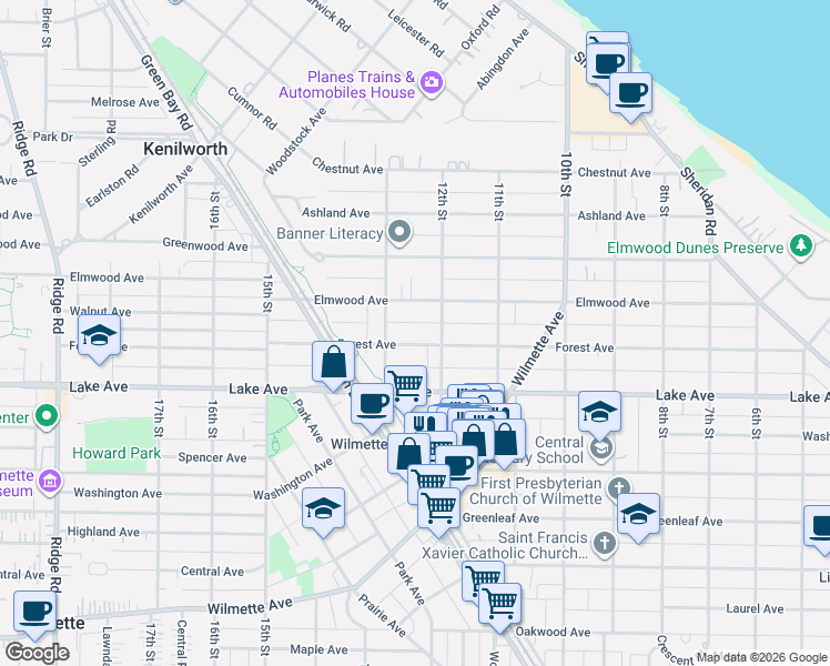 map of restaurants, bars, coffee shops, grocery stores, and more near 1203 Elmwood Avenue in Wilmette