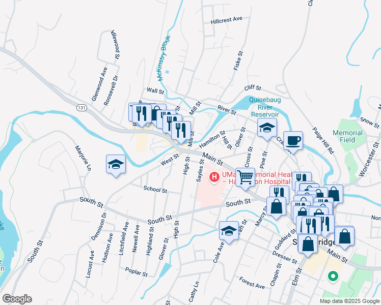 map of restaurants, bars, coffee shops, grocery stores, and more near 757 Main Street in Southbridge