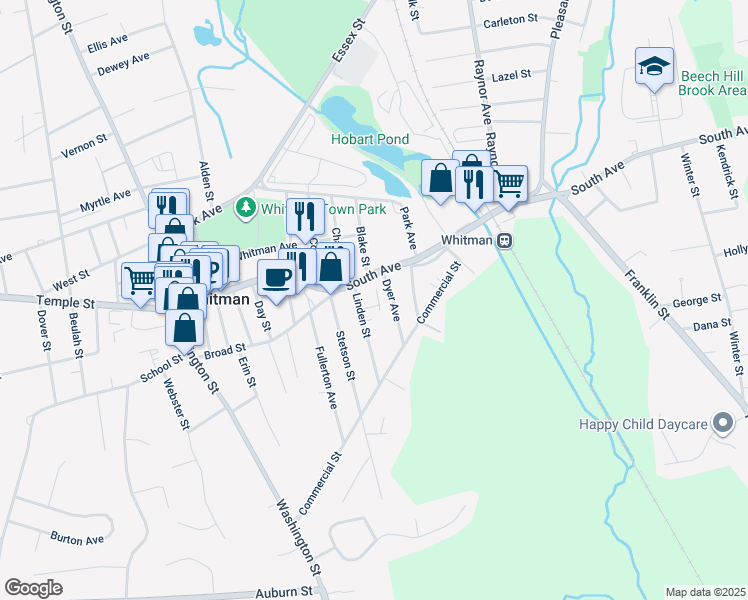 map of restaurants, bars, coffee shops, grocery stores, and more near 227 South Avenue in Whitman