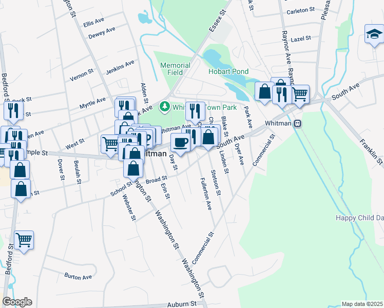 map of restaurants, bars, coffee shops, grocery stores, and more near 141 South Avenue in Whitman