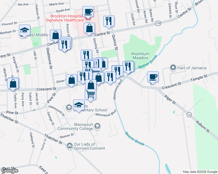 map of restaurants, bars, coffee shops, grocery stores, and more near 741 Crescent Street in Brockton