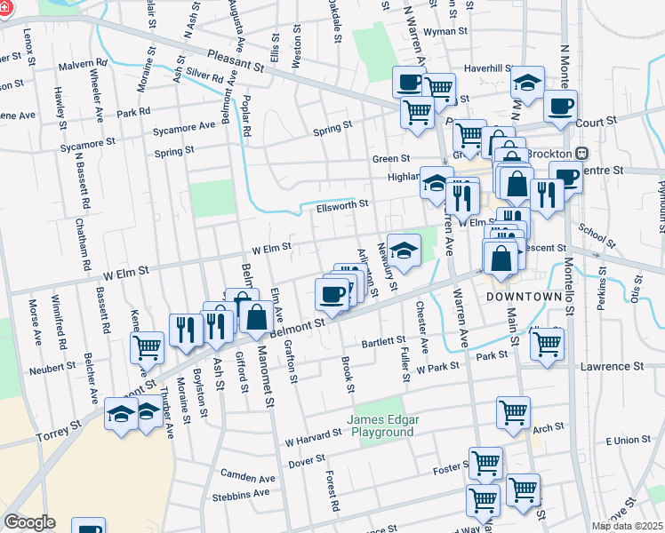 map of restaurants, bars, coffee shops, grocery stores, and more near 15 Arlington Street in Brockton