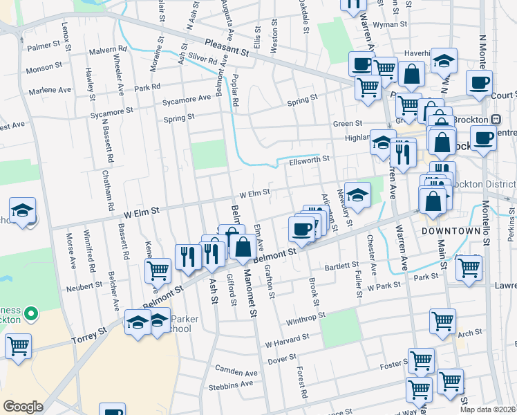 map of restaurants, bars, coffee shops, grocery stores, and more near 276 West Elm Street in Brockton