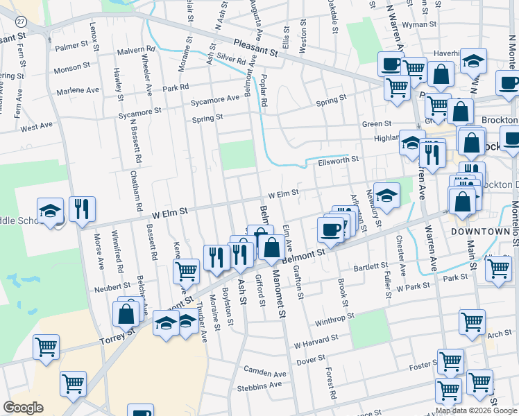 map of restaurants, bars, coffee shops, grocery stores, and more near 306 West Elm Street in Brockton