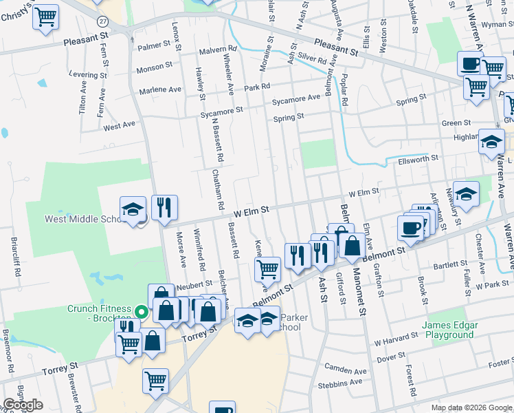 map of restaurants, bars, coffee shops, grocery stores, and more near 14 Auna Drive in Brockton