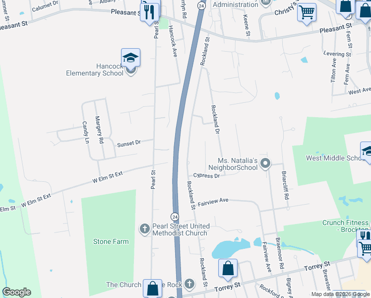 map of restaurants, bars, coffee shops, grocery stores, and more near 213 Rockland Street in Brockton