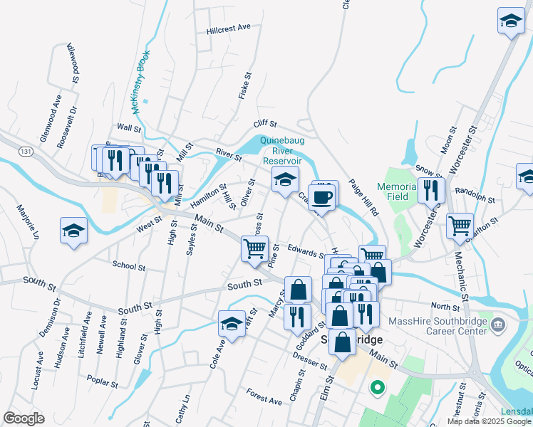 map of restaurants, bars, coffee shops, grocery stores, and more near 60 Cross Street in Southbridge
