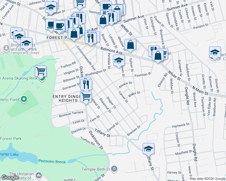 map of restaurants, bars, coffee shops, grocery stores, and more near 107 Fountain Street in Springfield
