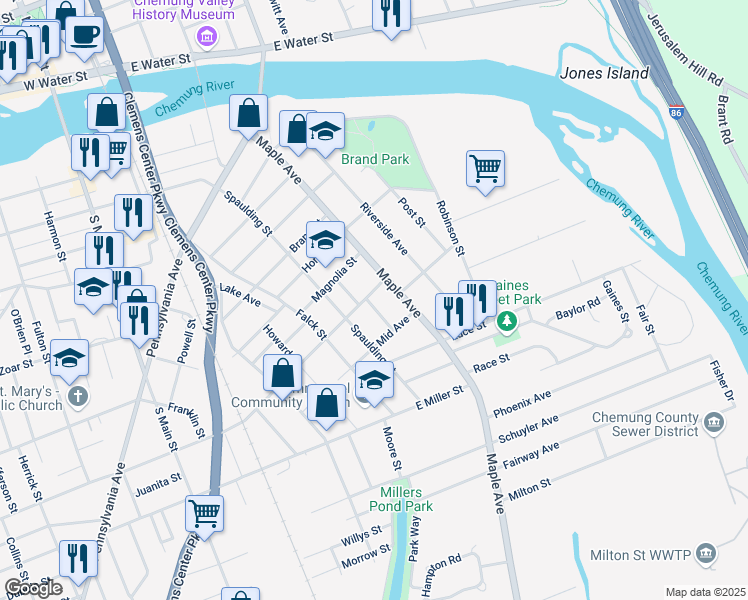 map of restaurants, bars, coffee shops, grocery stores, and more near 600 Maple Avenue in Elmira