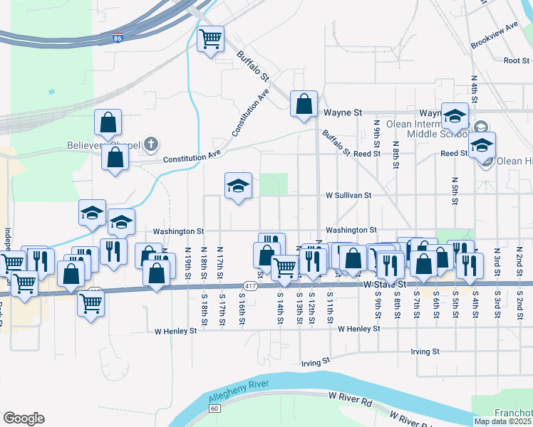 map of restaurants, bars, coffee shops, grocery stores, and more near 223 North 15th Street in Olean